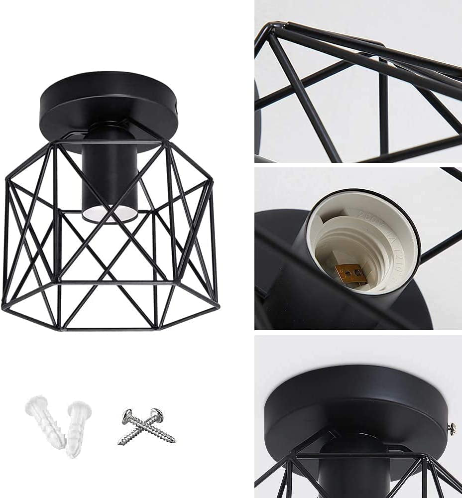 Vintage Hallway Ceiling Light E27 Edison Industrial Ceiling Light Max 40W Black Metal Semi Flush Mount Ceiling Light for Hallway Kitchen Hotel Restaurant Bar (Bulb No Included)