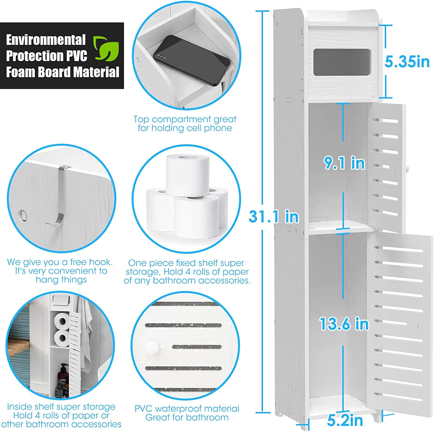 Upgrade Small Bathroom Storage Cabinet with 2 Doors and 2 Shelves, W6.3 X D6 X H31 Bathroom Organizer, 4 Tier Design Toilet Paper Storage Stand for Small Space and Corner(White)