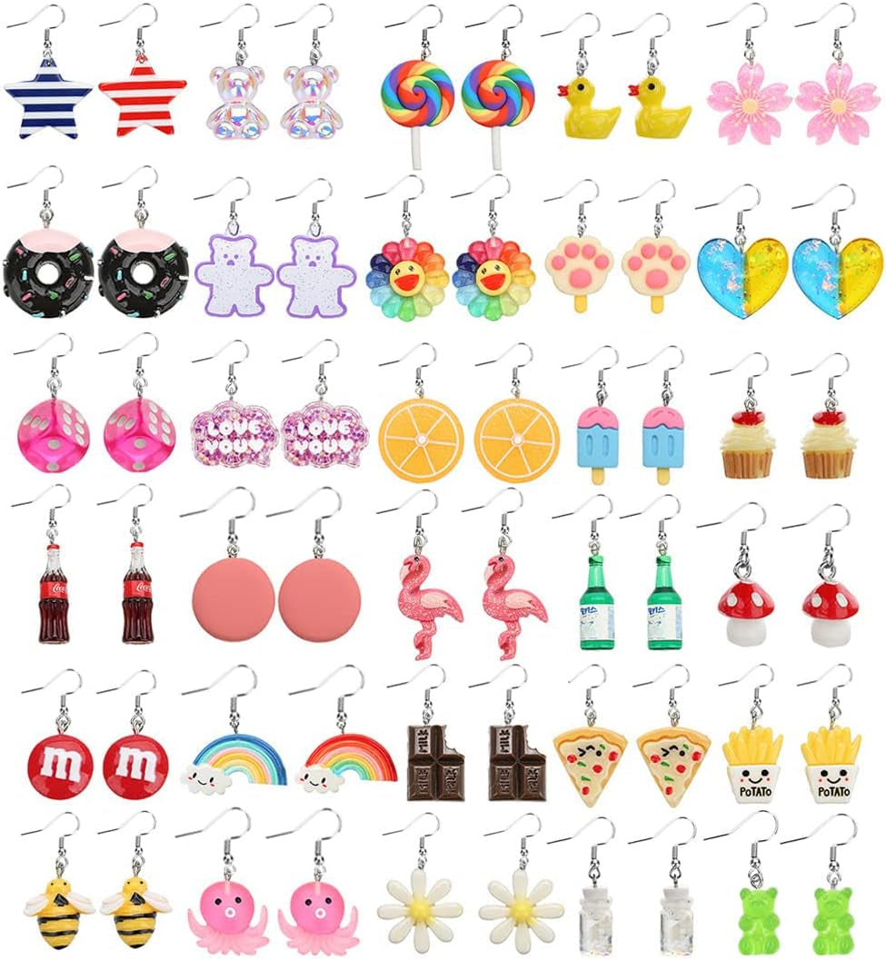 30 Pairs Weird Fun Cute Earrings for Women Kawaii Earrings Including Flamingo Rainbow Duck Gummy Bear Water Bottle Pizza Fries Mushroom Conch Drop Dangle Earring Set for Girls