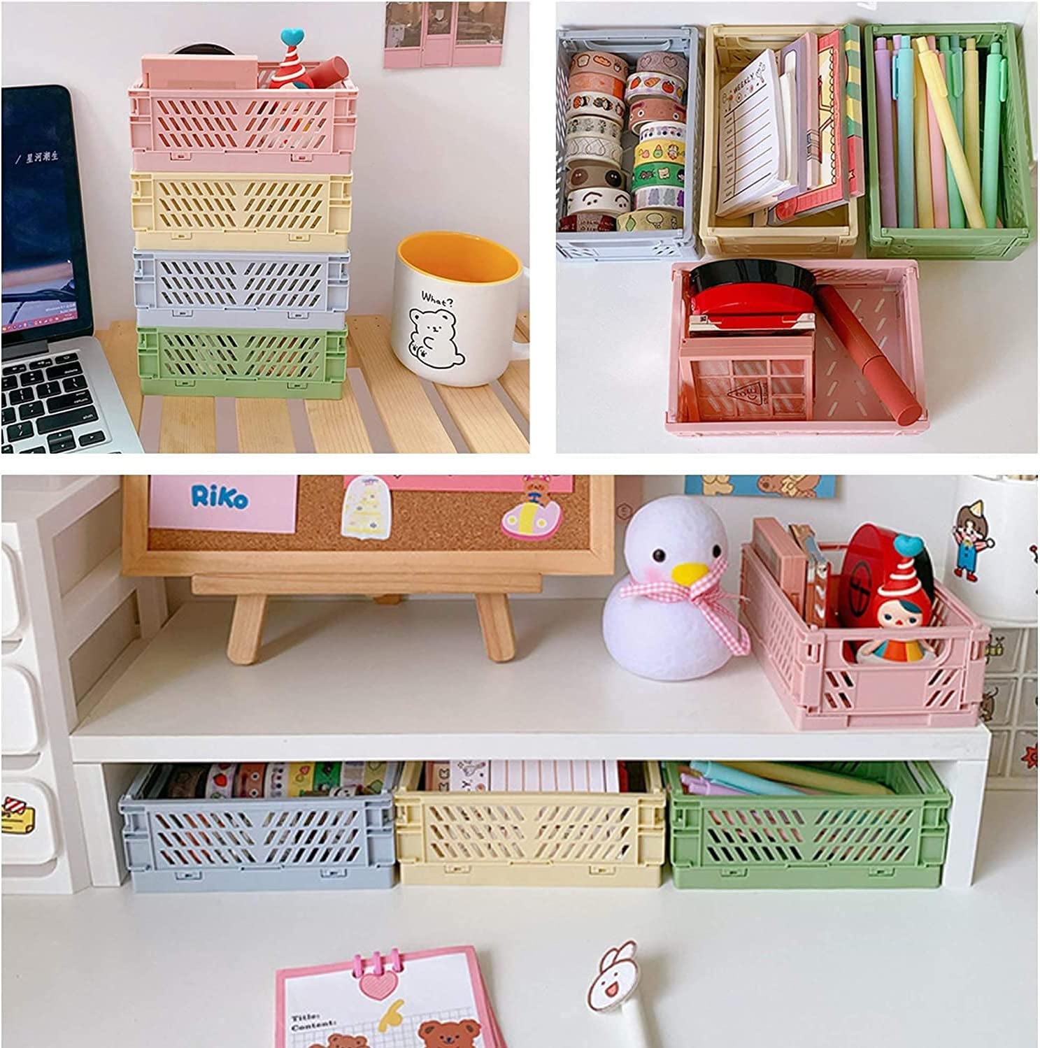 Mini Baskets Plastic for Shelf Home Kitchen Storage Bin Organizer,Stacking Folding Storage Baskets for Classroom Bedroom Bathroom Office 4-Pack