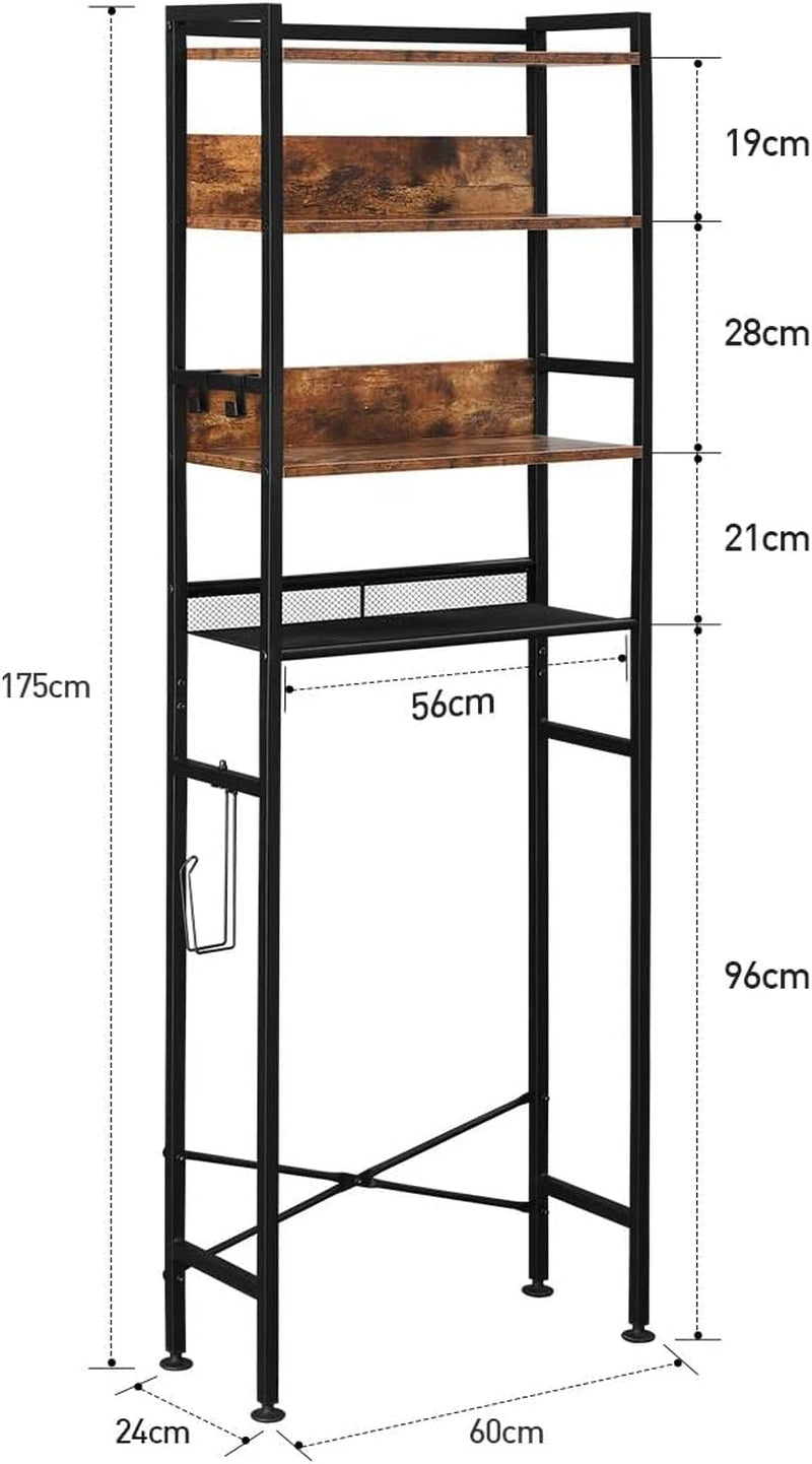 4 Tier Bathroom Shelf Rack over Toilet Washing Machine Laundry Towel Organiser Shelves Space Saver Freestanding Unit Storage Industrial Style 60X24X175Cm