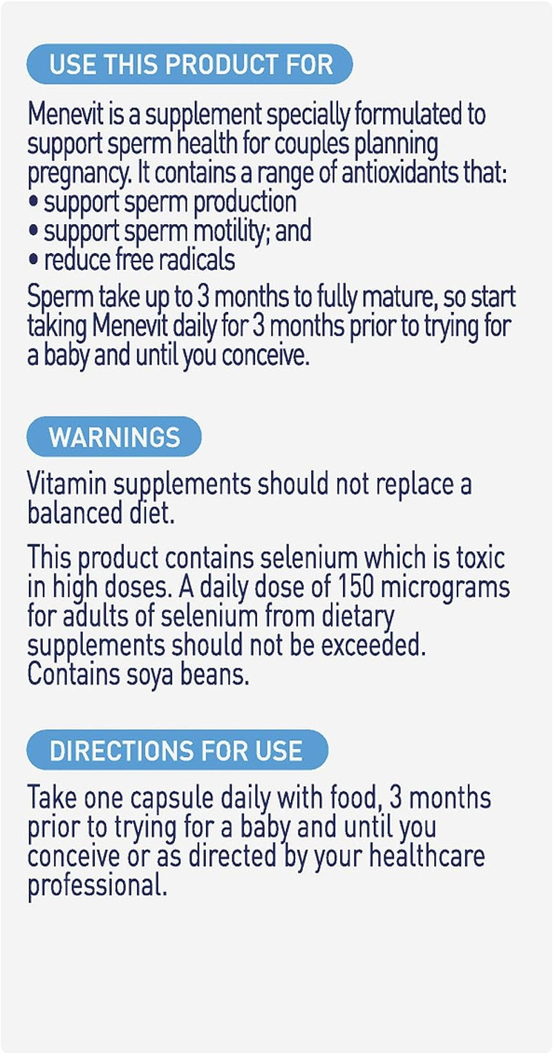 Menevit Pre-Conception Sperm Health Male Fertility Supplement to Promote Sperm Health and Chances of Conception, 30 Capsules