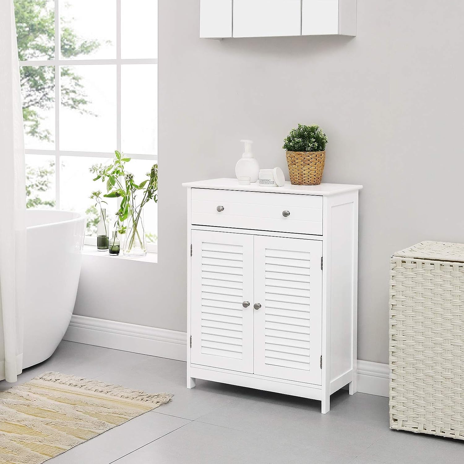 BBC51WT Bathroom Cabinet, 60 X 30 X 80 Cm, Storage Cabinet with 2 Slat Doors, Drawer, Adjustable Shelf, Scandinavian Style, Matt White