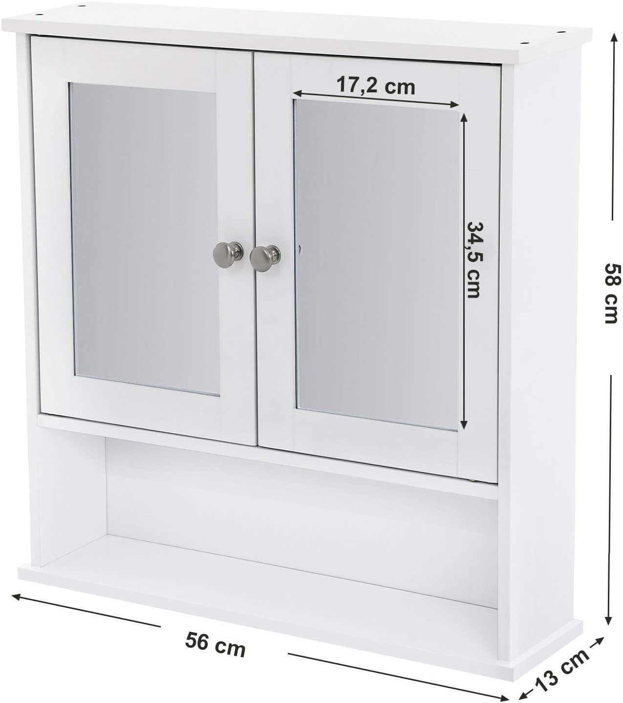 Double Mirror Doors Bathroom Cabinet, Wall Cabinet, Storage Cupboard, Wall-Mounted Storage Unit, Adjustable Height Shelves, 56 X 13 X 58 Cm, White LHC002