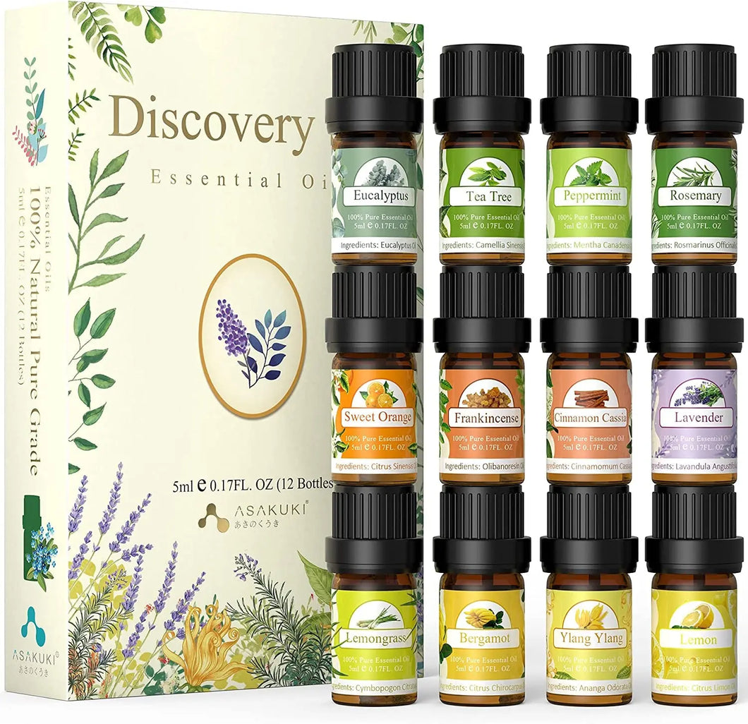 Essential Oils Gift Set, Top 12 100% Natural Aromatherapy Oils - Lavender, Rosemary, Eucalyptus, Frankincense, Lemon, Ylang Ylang, and More Diffuser Oils for Massage, Hair Care