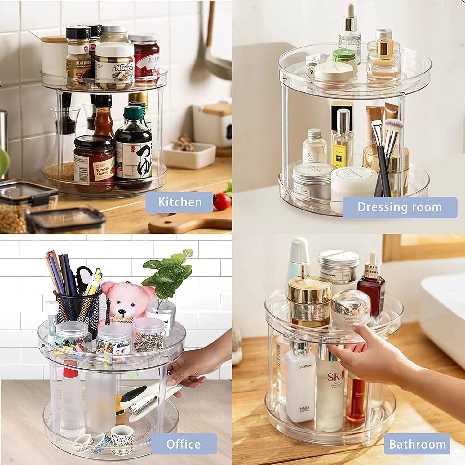 2 Tier Lazy Susan Turntable Cabinet Organizer Spice Storage Rack, Rotating Kitchen Cupboard Organiser, Storage Rack for Kitchen, Fridge and Bathroom, Makeup Holder Cosmetic Storage Rack Clear
