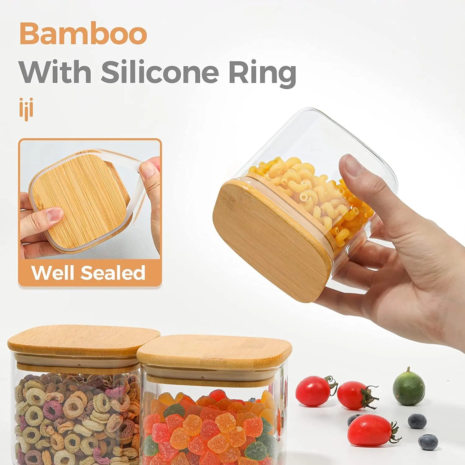 20 Oz Glass Food Storage Jars Set of 6, Clear Storage Containers with Airtight Bamboo Lid, Pantry Organization Jar, Spice, Blooming Tea, Coffee and Sugar Container, Canister Set for Kitchen