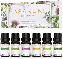 Load image into Gallery viewer, Essential Oils Set 6 X 10Ml, 100% Pure &amp; Natural Aromatherapy Oils - Lavender, Eucalyptus, Lemongrass, Tea Tree, Sweet Orange, Peppermint Diffuser Oil for Massage Hair Care Wellness Gift Set

