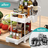 under Sink Organizers and Storage, Kitchen Storage Rack 2 Tier Drawer Pull-Able Cabinet Basket Organizer Bathroom Storage Rack with Hooks, DIY Removable Dividers (White)