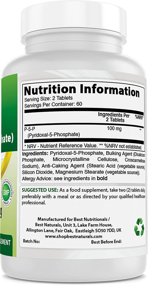 P5P Vitamin B6 (Pyridoxal 5 Phosphate) 100 Mg/Serving - 120 Tablets - an Active Form of Vitamin B6.
