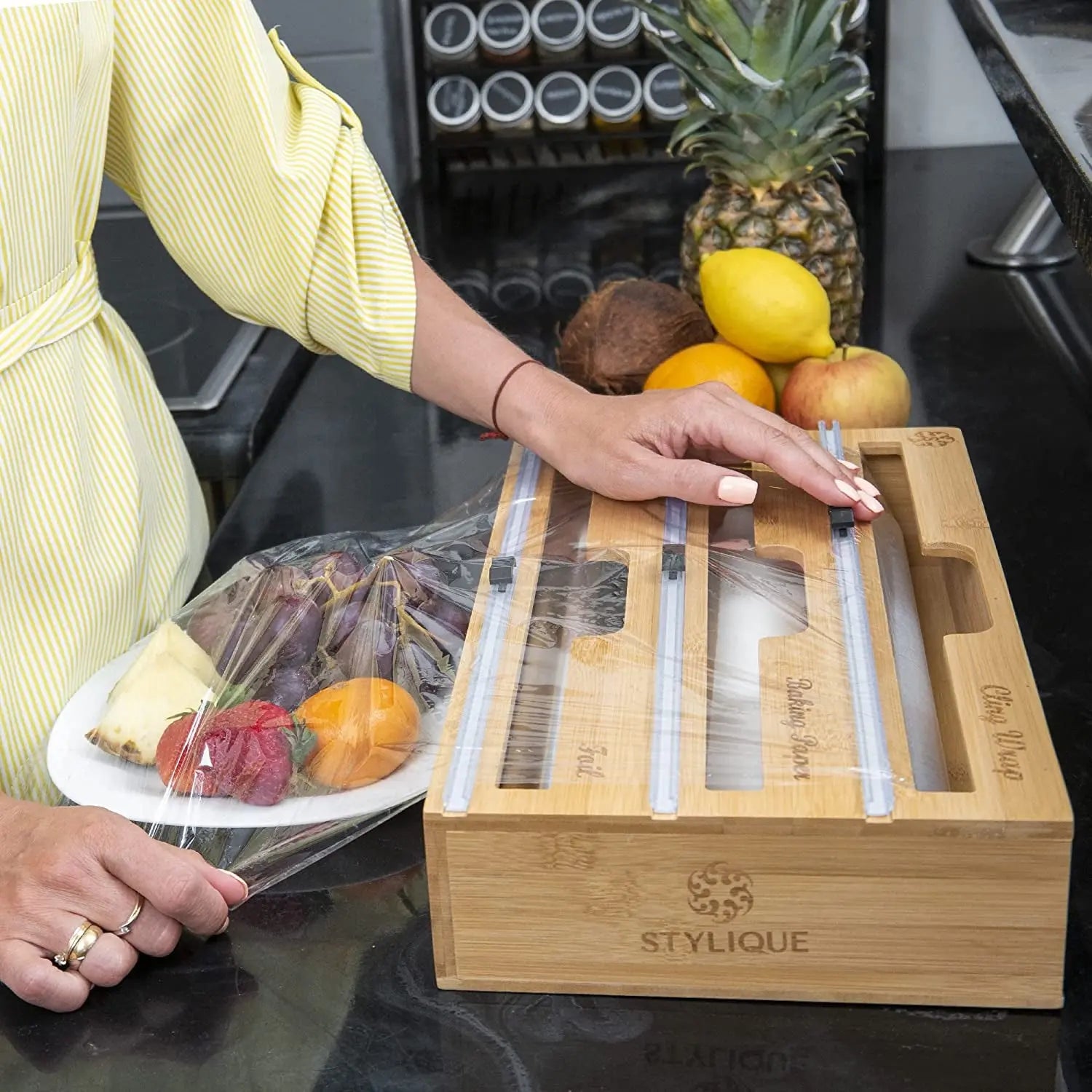 3 in 1 Cling Wrap Organiser (Aussie Sizes) for Kitchen Storage & Organisation, Cling Wrap Dispenser with Cutter for Drawer, Pantry Organiser Fits Aluminium Foil, Baking Paper, Plastic Wrap 33Cm Roll (Natural)