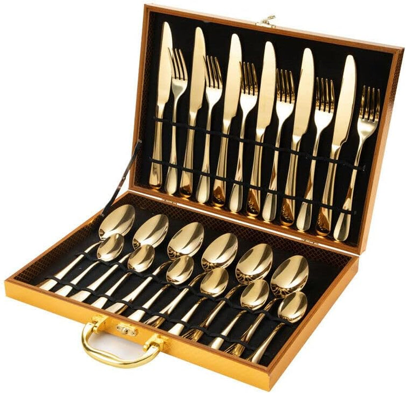 Gold Cutlery Set, Stainless Steel Silverware Set,24 Pieces Dinner Forks and Spoons, Flatware Cutlery Set for Ceremony, Home Party, Kitchen, Wedding, Restaurant, Party, Event, Banquet, Birthday Dinner Party, (24)