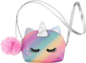 Cute Unicorn Crossbody Bag Mini Purse Colorful Pompom Shoulder Handbag Plush Ball for Children Girl Gift