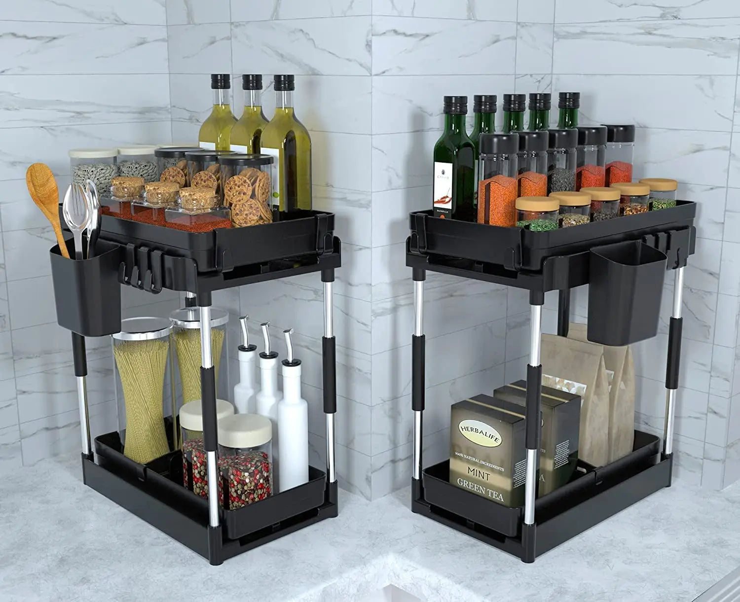Double Sliding under Sink Organizers and Storage - 2 Tier Pull Out under Kitchen Cabinet Organizer W 4 Hanging Cup,8 Hooks,4 Dividers, under Counter Sink Organization for Bathroom, Adjustable H and W