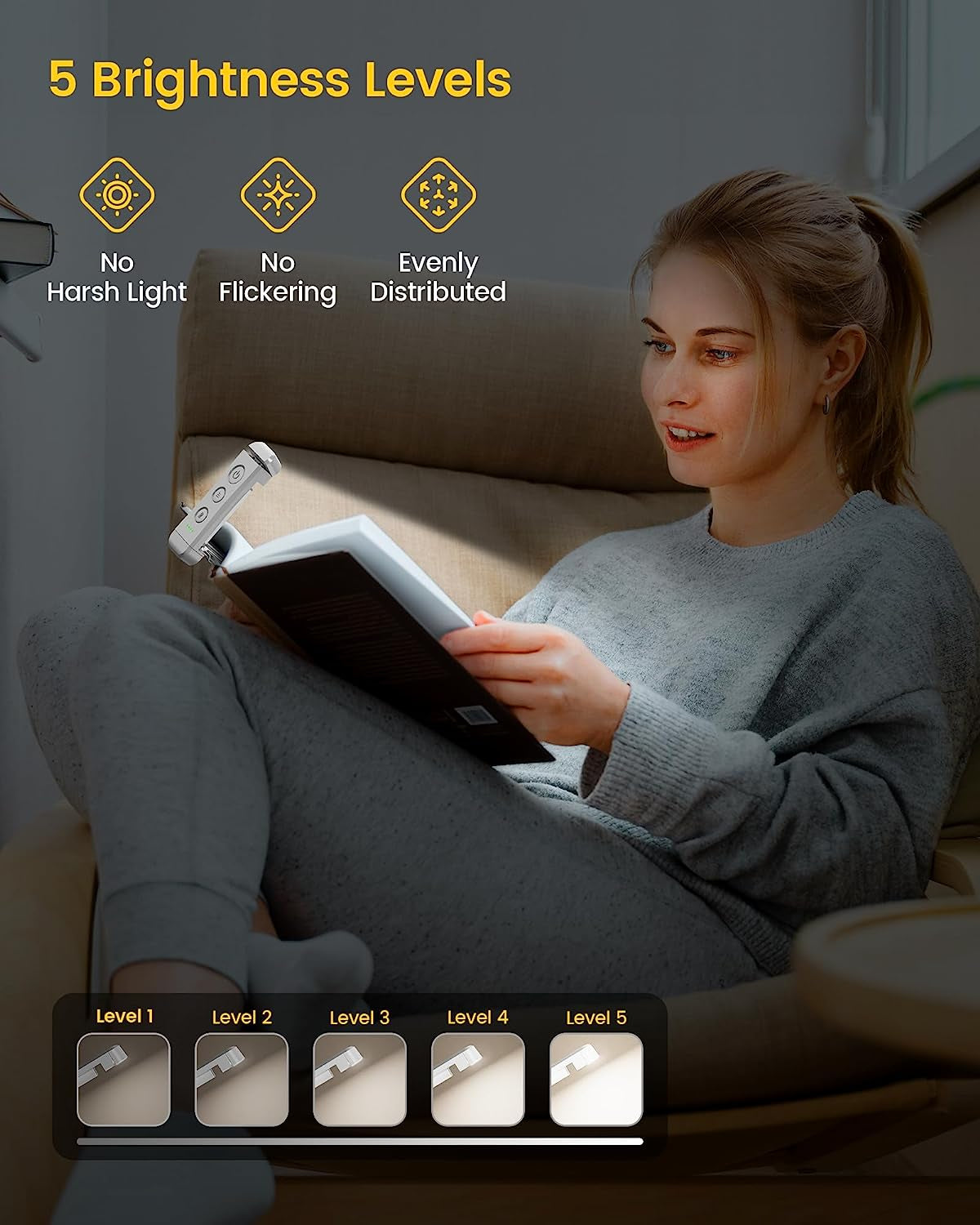 USB Rechargeable Book Light for Reading in Bed, Portable Clip-On LED Reading Light, 3 Amber Colors & 5 Brightness Dimmable, Compact & Long Lasting, Perfect for Book Lovers, Kids…