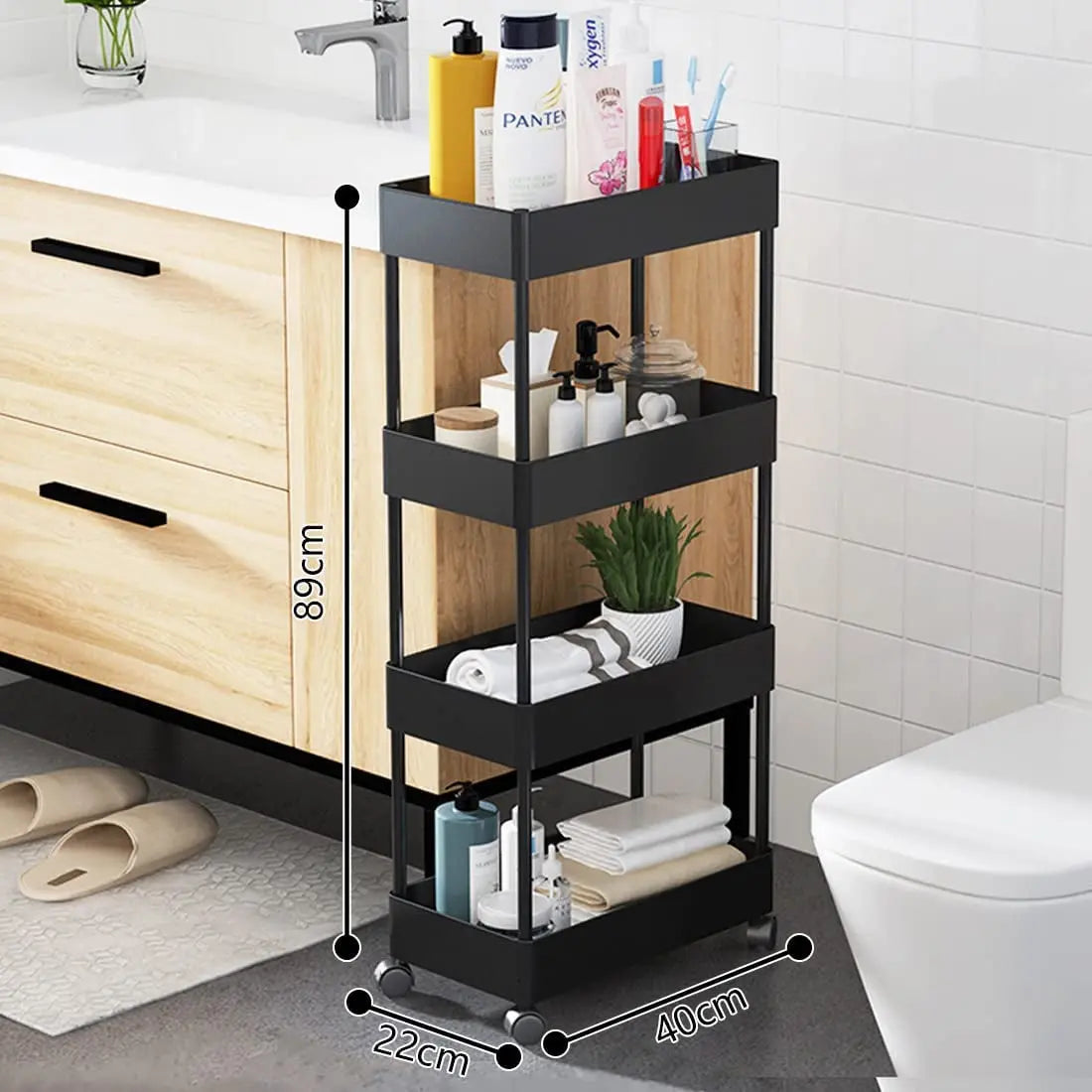 Slim Storage Cart with Wheels, 4 Tier Bathroom Storage Organizer Rolling Utility Cart Mobile Shelving Unit for Bathroom Kitchen Laundry Room Office Narrow Place (Black)