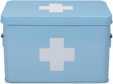 First Aid Medicine Box Supplies Kit Organizer - 13" Blue Metal Tin Medic Storage Bin Hard Case with Removable Tray White Cross, Vintage Antique Empty Boxes for Home Family Emergency Tool Set