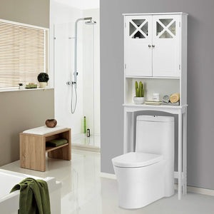 over the Toilet Storage Cabinet, 3-Tier Tall Free Standing Space Saver Shelf Tower, Bathroom Organizer with Adjustable Shelf, 2 Tempered Glass Doors, Open Shelving, Storage Rack, White
