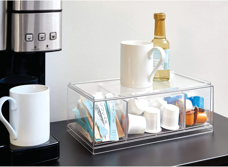Crisp Bpa-Free Plastic Stackable Tea Bag Organizer for Kitchen Cabinets and Countertops - 12.59" X 6.23" X 4.57", Clear with Gray Dividers