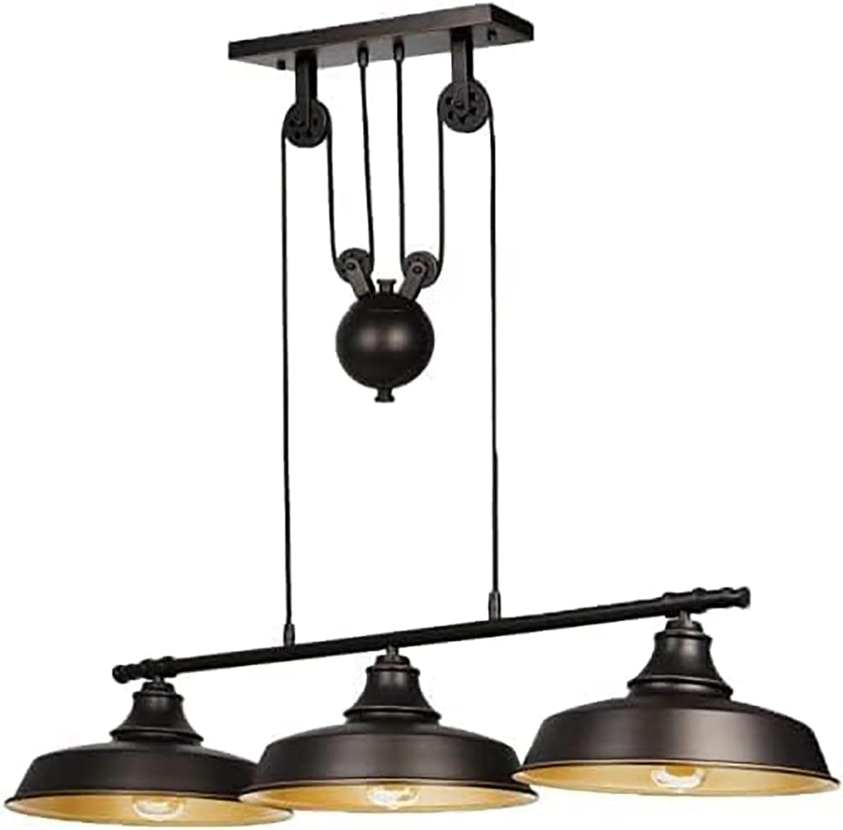 3-Light Pulley Pendant Light,Rustic Kitchen Island Lights with Metal Shades,Adjustable Hanging Height,Industrial Vintage Ceiling Lights Fixture for Dinner Room Farmhouse Bar