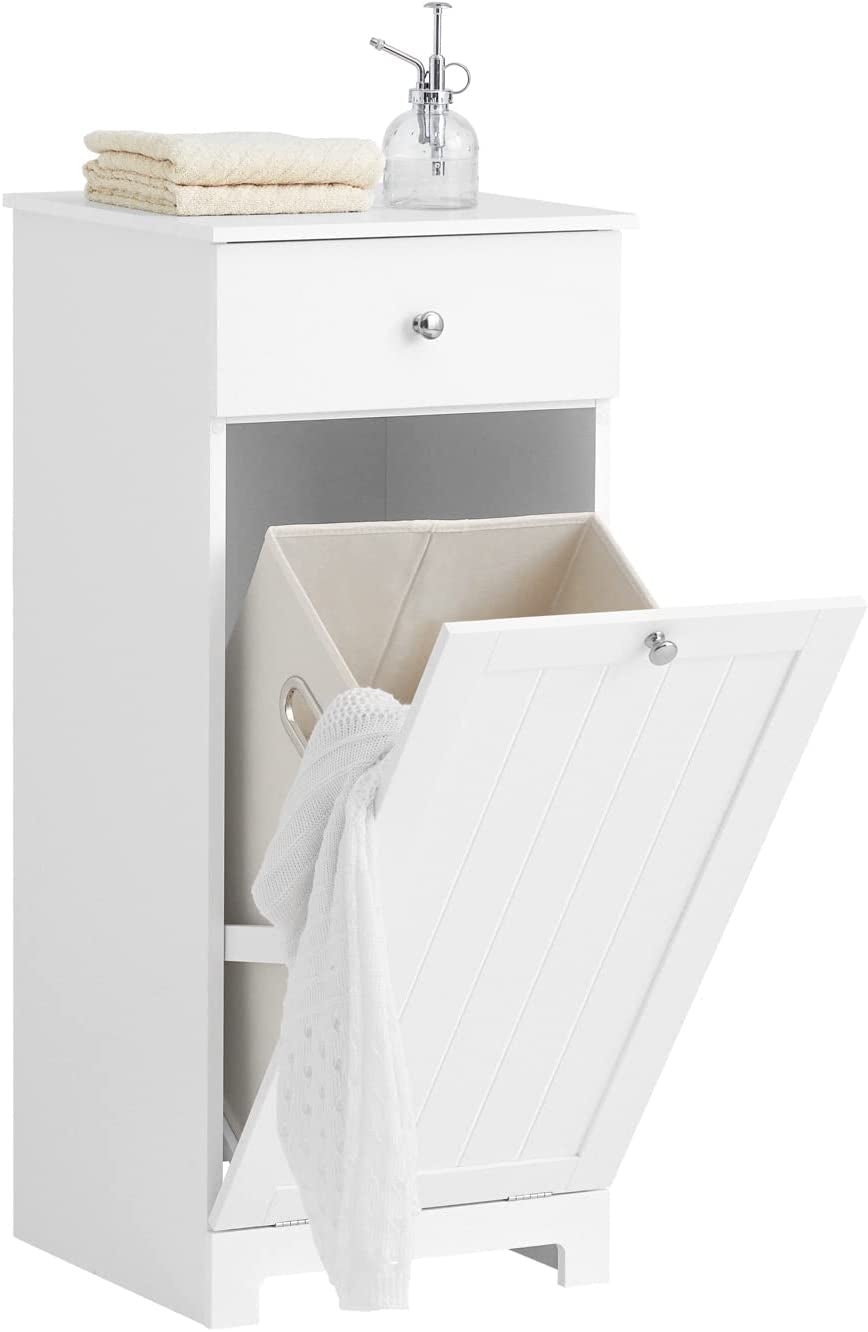 White Laundry Cabinet with Basket and Drawer, Tilt-Out Laundry Hamper, Storage Cabinet, BZR21-W