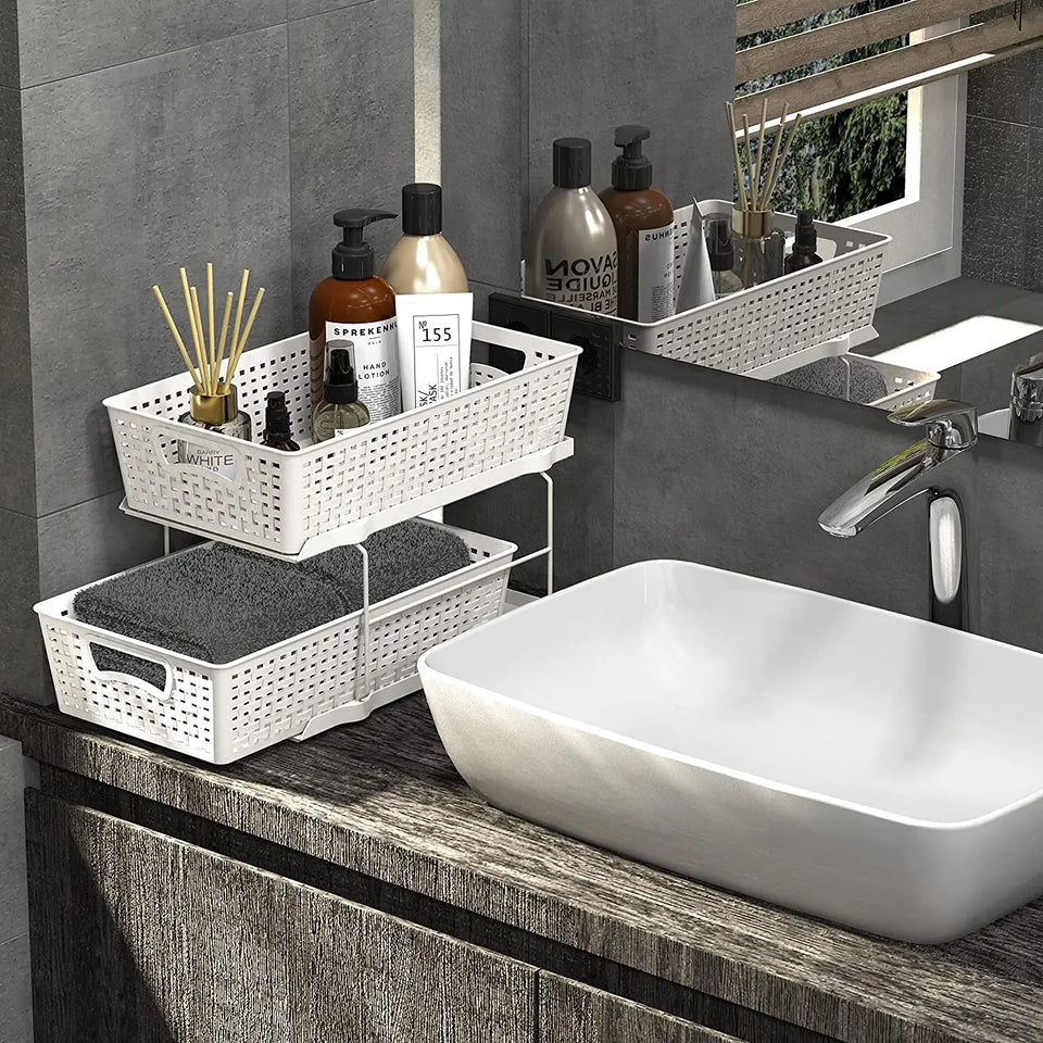 Simplehouseware 2 Tier Bathroom Organizer Tray Pull-Out Sliding Drawer/Under-Sink Storage, White
