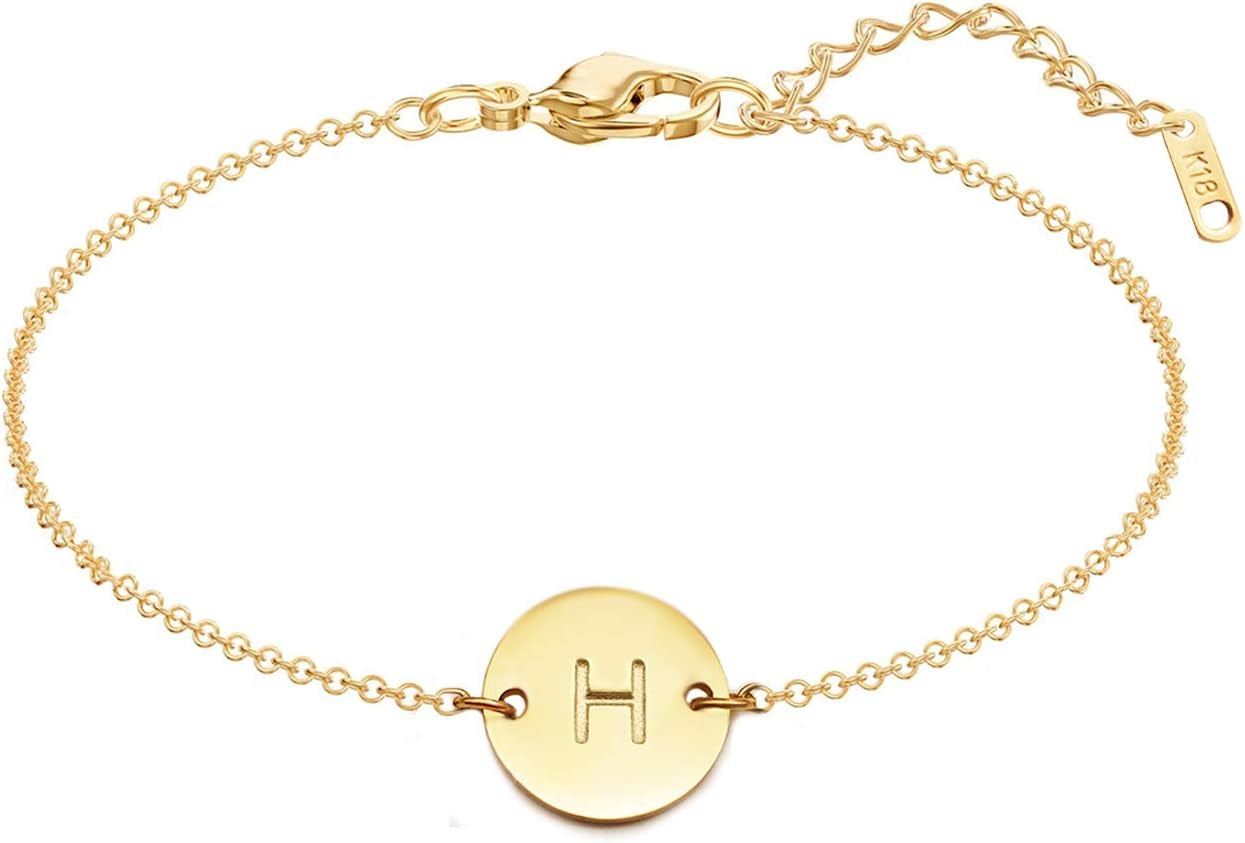 Personalized Initial Bracelet, 18K Gold Plated Stainless Steel Letter Bracelet Dainty Coin Charm Bracelet Delicate Disc Name Bracelet for Women Girls