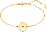 Personalized Initial Bracelet, 18K Gold Plated Stainless Steel Letter Bracelet Dainty Coin Charm Bracelet Delicate Disc Name Bracelet for Women Girls