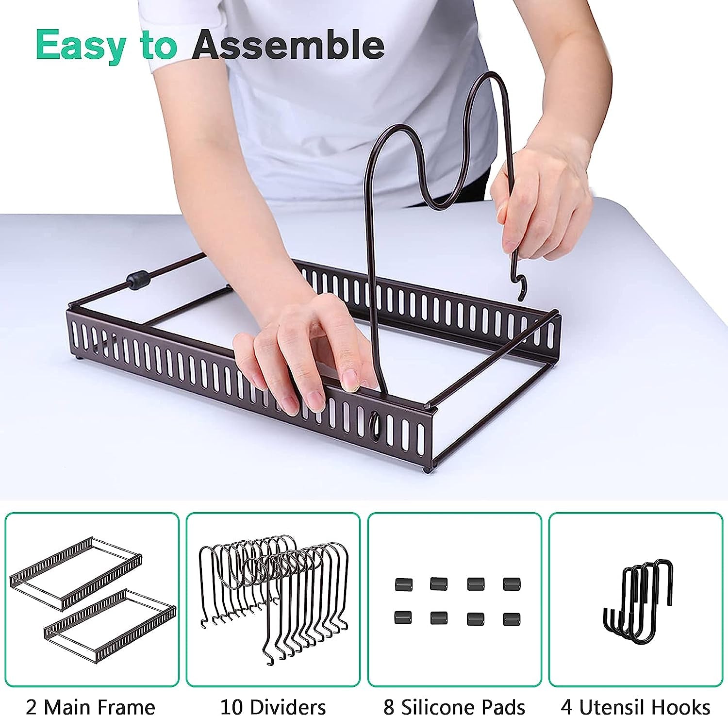 Pot Lid Organizer Pan Holder Rack with 10 Dividers and 4 Hooks, Expandable Cookware Rack for Kitchen Cabinet Cupboard Pantry, Skillet Frying Pan Pot Lid Storage -Bronze