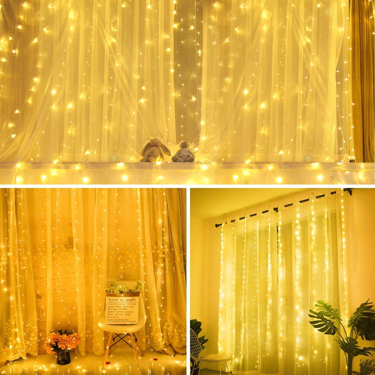 Curtian String Lights,  300 LED Window Curtain String Light with Remote Control Timer for Christmas Wedding Party Home Garden Bedroom Outdoor Indoor Decoration (Warm White)