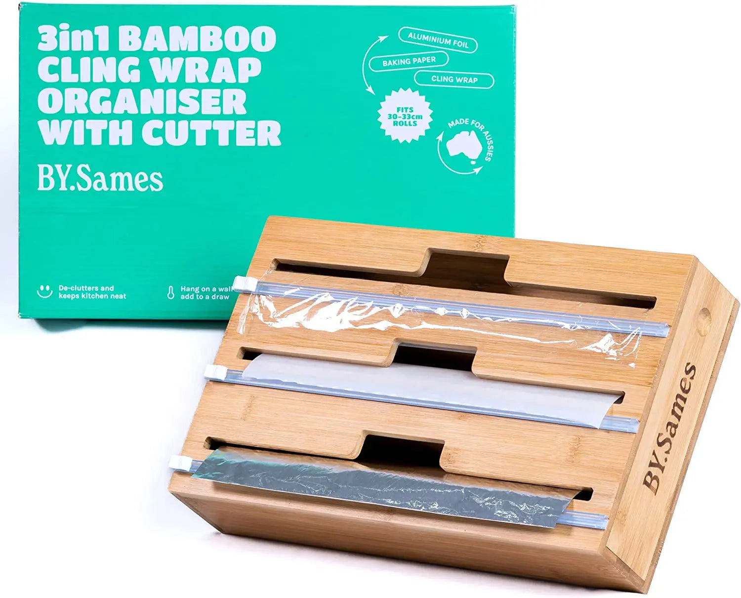 3 in 1 Cling Wrap Organiser (Aussie Sizes) for Kitchen Storage & Organisation, Cling Wrap Dispenser with Cutter for Drawer, Pantry Organiser Fits Aluminium Foil, Baking Paper, Plastic Wrap 33Cm Roll