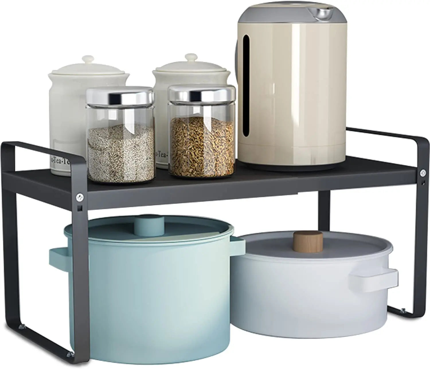 MAGGHEVI Expandable Cabinet Shelf Organizer Storage Rack，Cupboard Stand Spice Rack，Pantry Shelves Space Riser for Kitchen Bathroom，Metal Plate Heavy Duty Nonslip (Black)