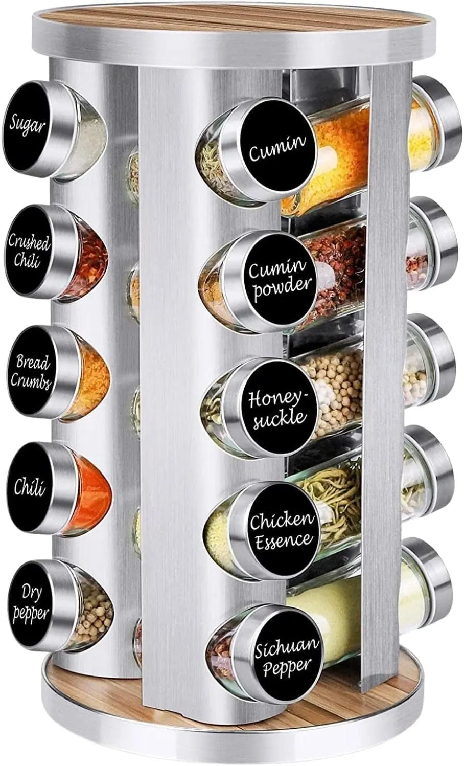20 Jars Spice Rack Organizer with Label Sticker and Silicone Funnel, 360° Rotating Countertop Stainless Steel Seasoning Organizer in Steel Colour