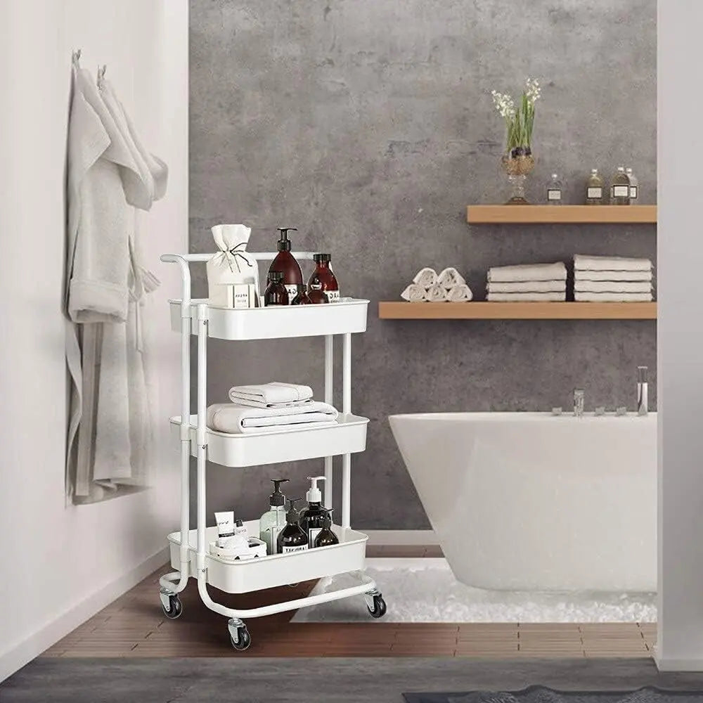4 Tier Organizer Kitchen Moving Island with Wheels,Spice Rack Organizer with Handle Trolley,Pantry Organizer Shelf Storage Rack,Bathroom Laundry Trolley - White