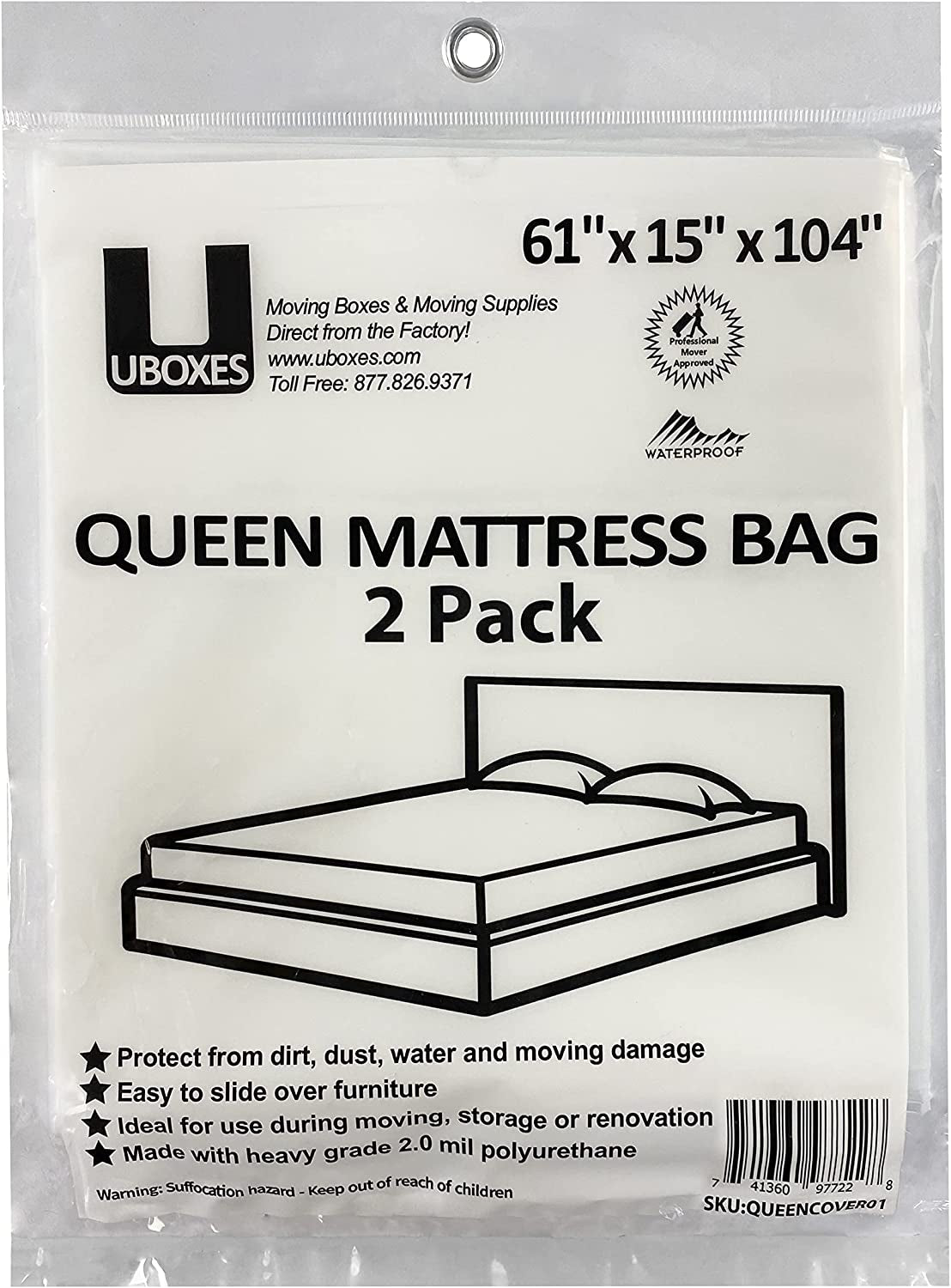 Queen Size Mattress Covers/Bags 61" X 15" X 104" Moving Supplies (QUEENCOVER02)