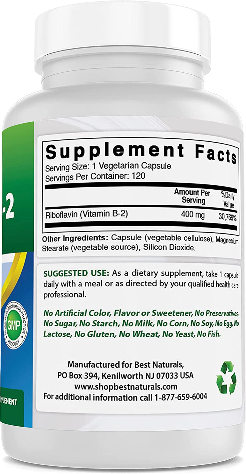 Vitamin B2 (Riboflavin) 400Mg - Migraine Relief - Veggie Capsules - Conezyme Precursor - 120 Count