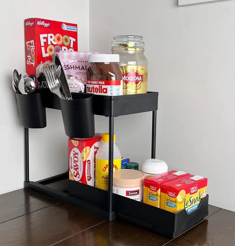 2 PACK 2 Tire Storage Shelf Organiser Spice Rack Sliding Drawer Basket under Sink Kitchen Bathroom Home Black