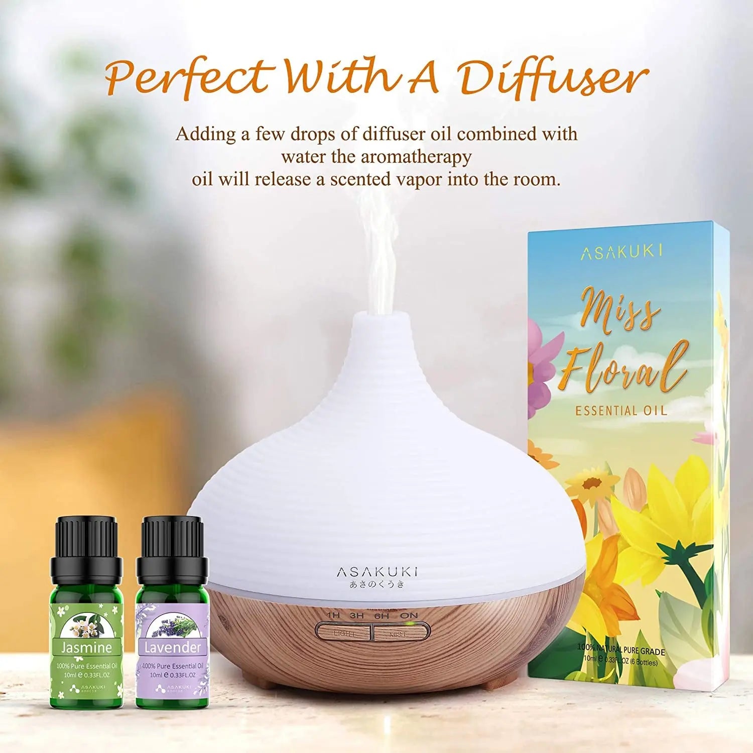 Floral Essential Oil Set, Top 6 Natural 100% Pure Aromatherapy Oils for Oil Diffusers, Jasmine, Ylang Ylang, Gardenia, Rose, Cherry Blossom, Lavender for Home and Office, Promote Focus, Positivity and Happiness