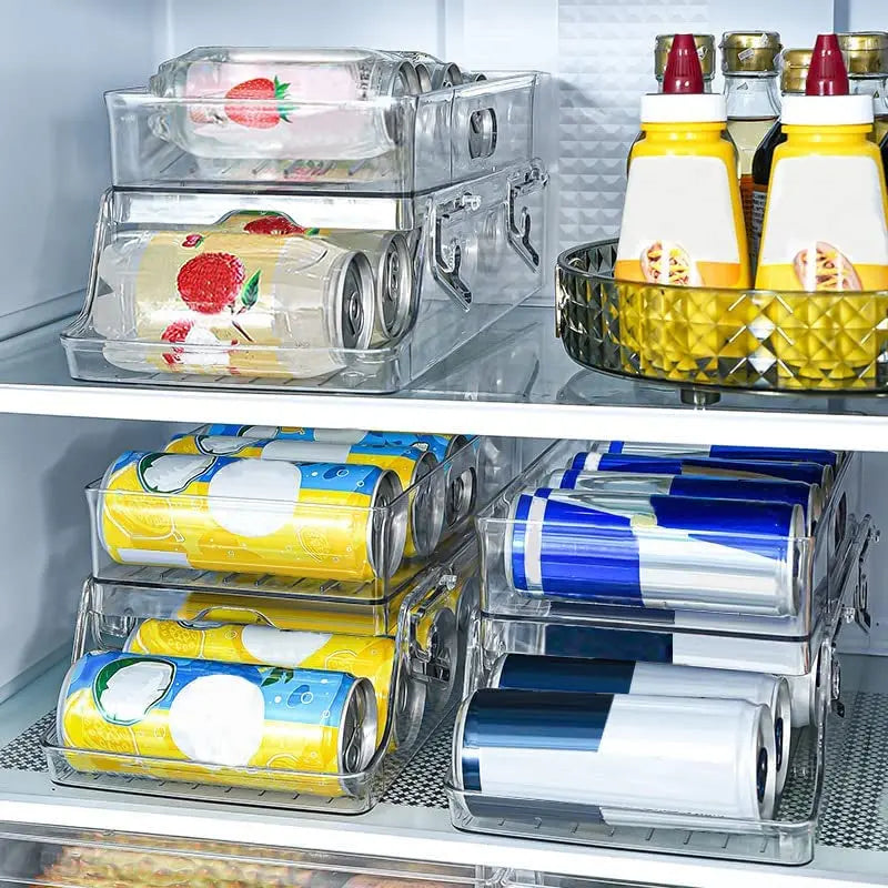 2-Pack Soda Can Organiser Bin for Refrigerator, 2-Tier Stackable Can Holder Dispenser with Automatic Rolling, Fridge Storage Rack, for Australia Beverage Beer Soda Seltzer Pop Can and Canned Food, for Fridge Freezer Pantry Cabinet Kitchen, Clear Design