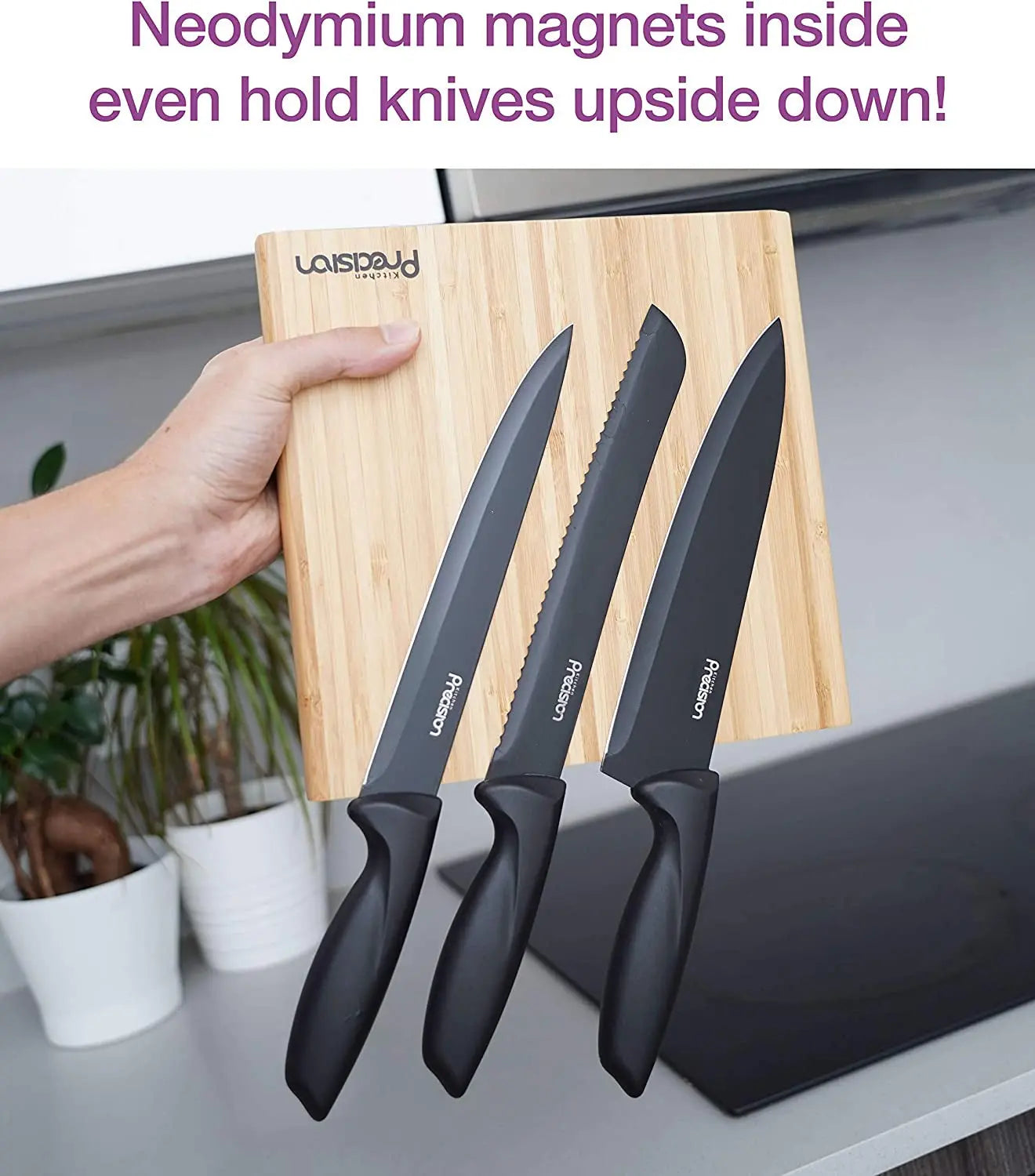 Magnetic Knife Holder - All Natural Bamboo Knife Block for Kitchen Counter - Universal Wooden Storage Stand for Small & Large Knives with Neodymium Magnets for Kitchen Storage & Organisation