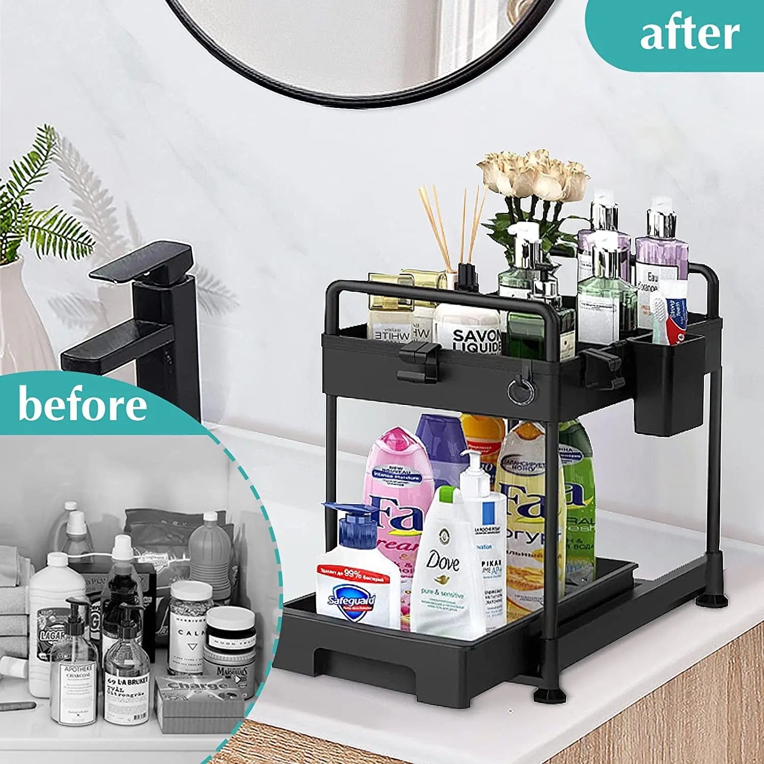 under Sink Organizers and Storage, Kitchen Storage Rack 2 Tier Drawer Pull-Able Cabinet Basket Organizer Bathroom Storage Rack with Hooks, DIY Removable Dividers (Black)