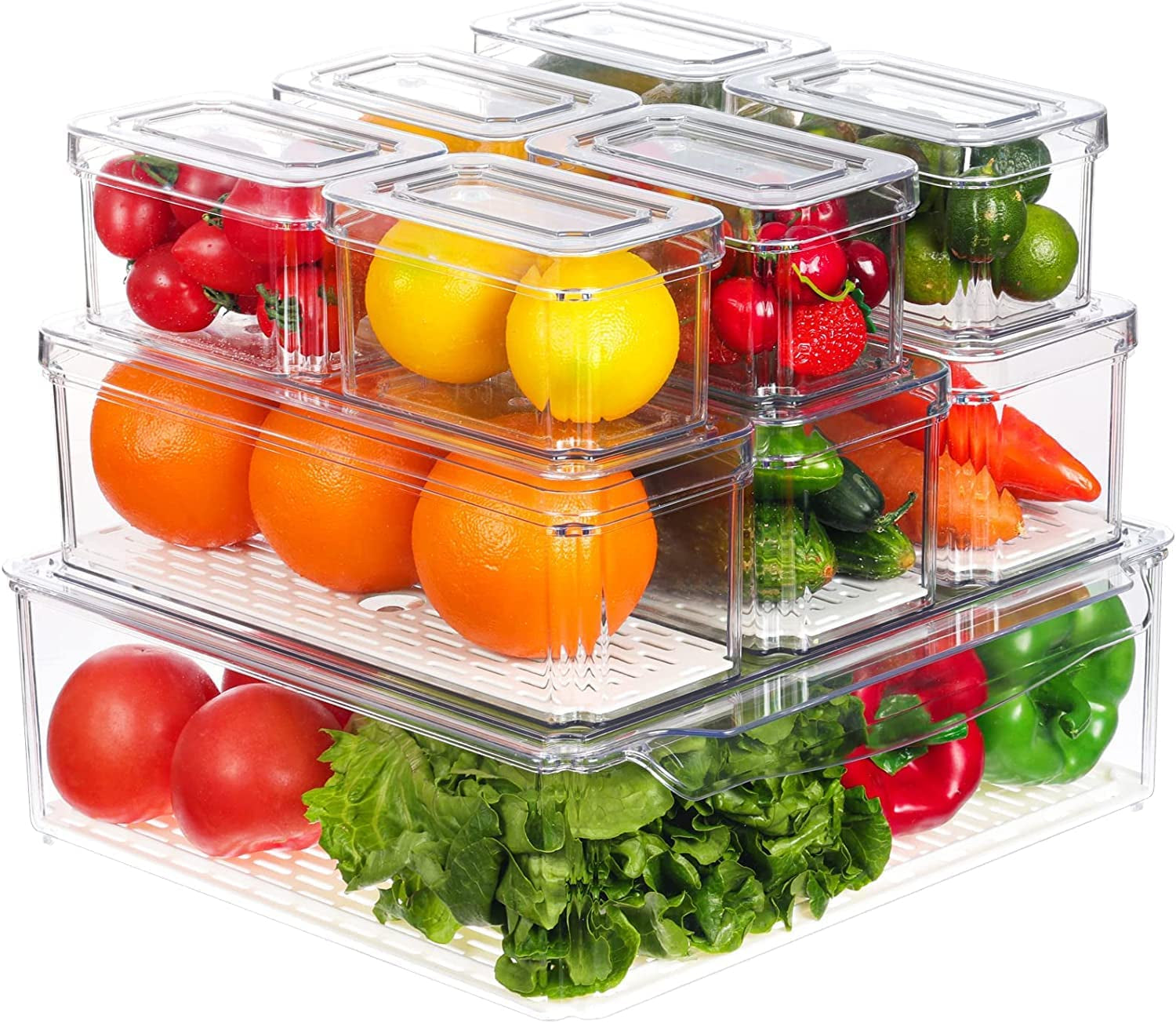 10 Pack Fridge Organizer, Stackable Refrigerator Organizer Bins with Lids, Large Size Plastic Food Storage Containers for Fruit & Vegetable Storage, Kitchen Storage & Organization