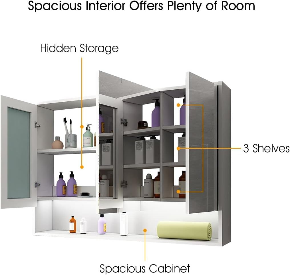 Bathroom Mirror Cabinet Medicine Shaver Shaving Wall Storage Cupboard Organiser Shelves Furniture with LED Lights Doors White