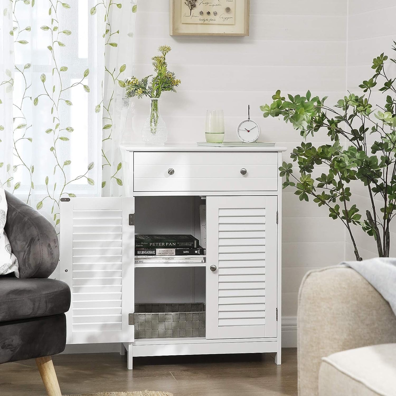 BBC51WT Bathroom Cabinet, 60 X 30 X 80 Cm, Storage Cabinet with 2 Slat Doors, Drawer, Adjustable Shelf, Scandinavian Style, Matt White