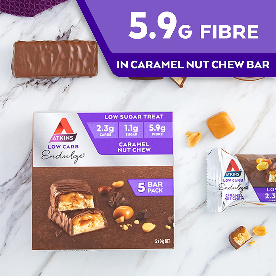 Endulge Caramel Nut Chew Bars | Keto Friendly Bars | 5 X 34G Low Carb Caramel Chocolate Bars | Low Carb, Low Sugar, High Fibre | 5 Bar Pack