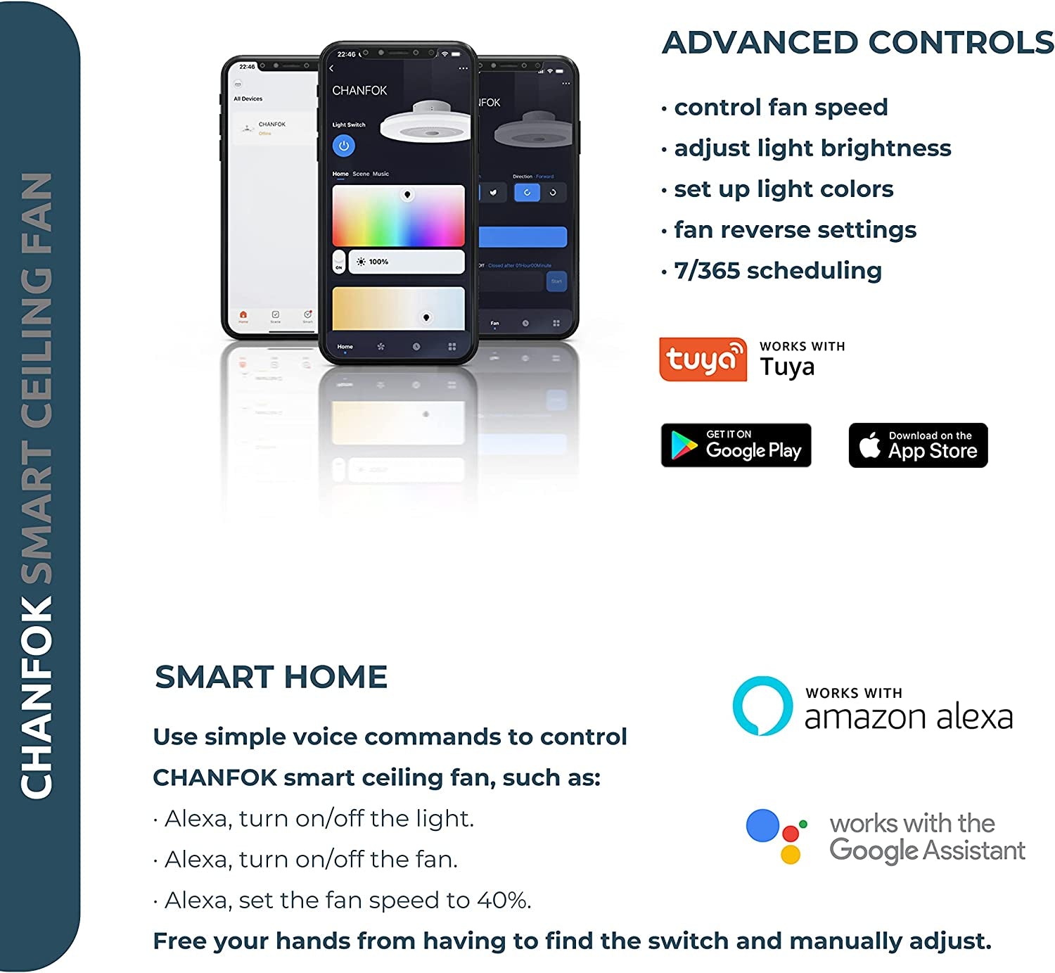 Smart Ceiling Fans with Lights Compatible with Alexa and Google Assist ...