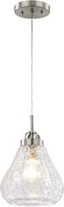 63091 One-Light Indoor Pendant, Brushed Nickel Finish with Clear Crackle Glass