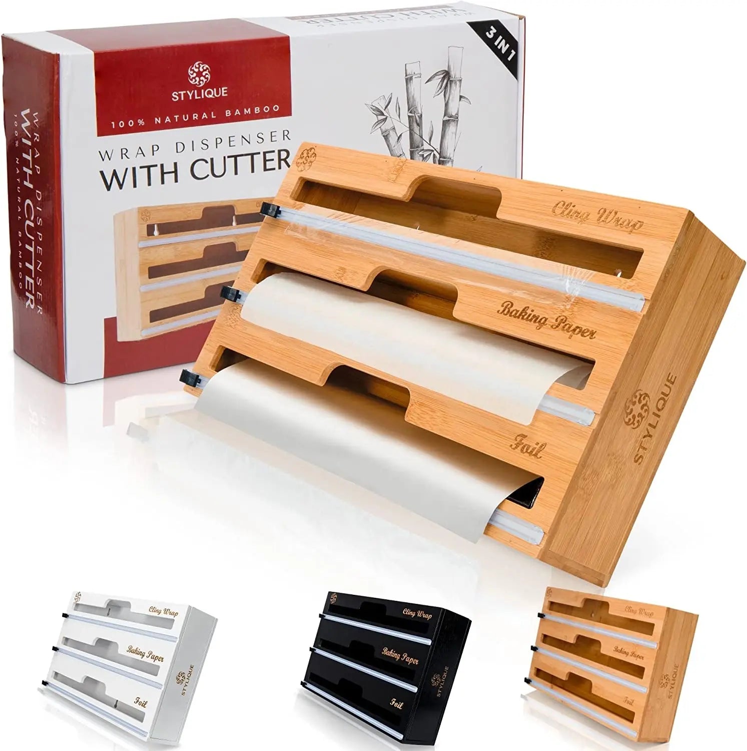 3 in 1 Cling Wrap Organiser (Aussie Sizes) for Kitchen Storage & Organisation, Cling Wrap Dispenser with Cutter for Drawer, Pantry Organiser Fits Aluminium Foil, Baking Paper, Plastic Wrap 33Cm Roll (Natural)