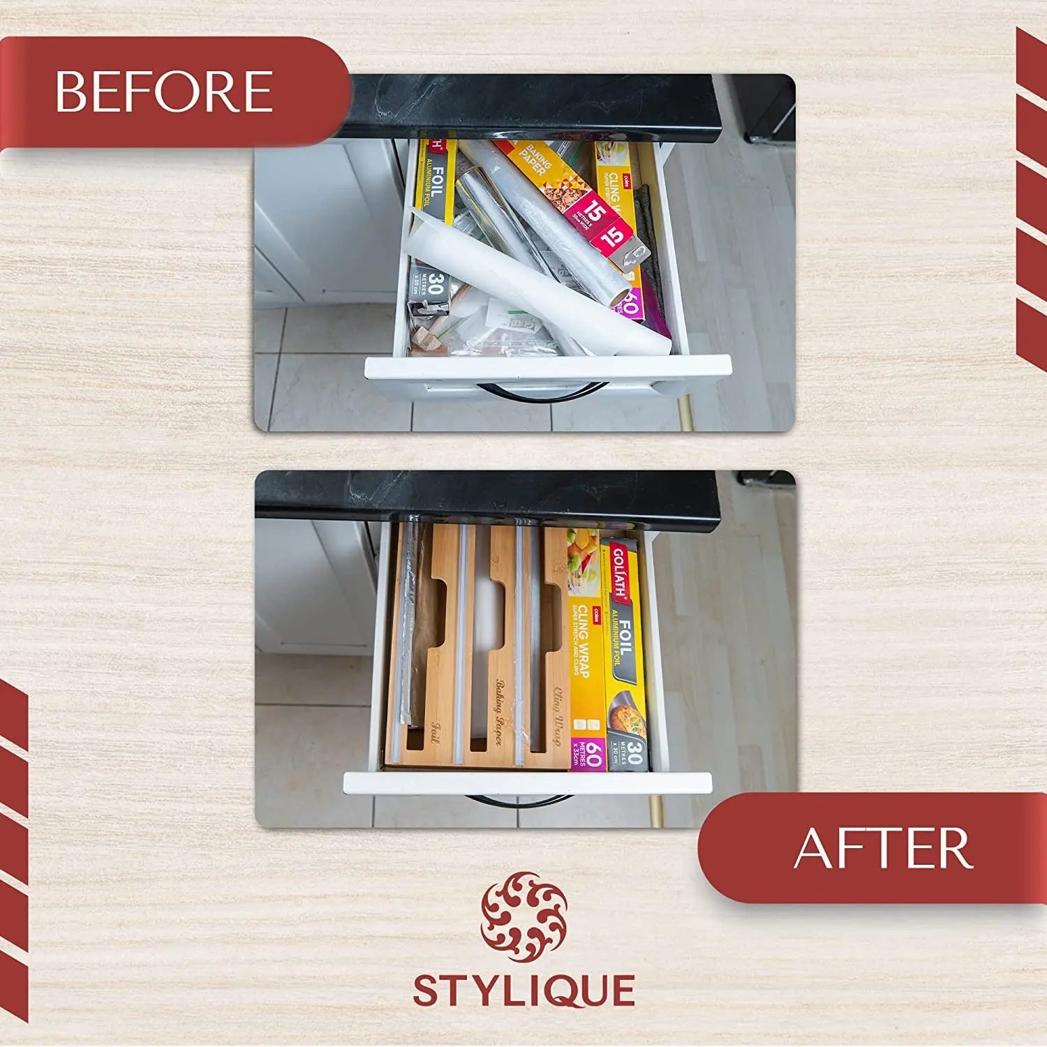 3 in 1 Cling Wrap Organiser (Aussie Sizes) for Kitchen Storage & Organisation, Cling Wrap Dispenser with Cutter for Drawer, Pantry Organiser Fits Aluminium Foil, Baking Paper, Plastic Wrap 33Cm Roll (Natural)
