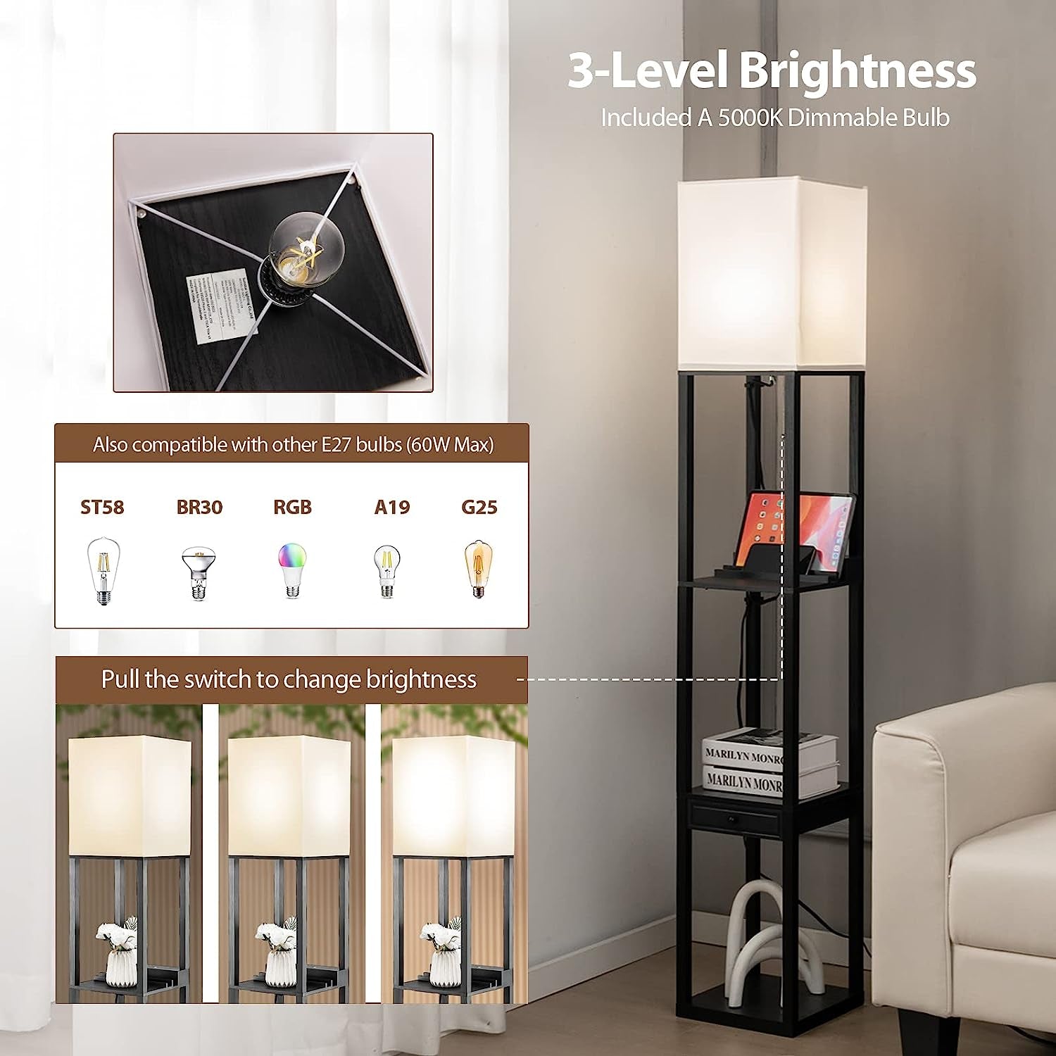 Modern Shelf Floor Lamp, Dimmable Standing Lamp Shelf W/ 1 Drawer & 1 USB Port, E27 5000K LED Bulb Included, Pull Chain Switch, 3-Level Brightness, Storage Lamp for Bedroom, Living Room